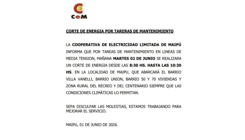 Anuncian un corte programado de energía eléctrica para este martes en distintos sectores de Maipú