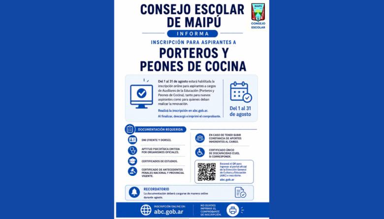 Abren la inscripción para el listado de aspirantes a auxiliares escolares 2027