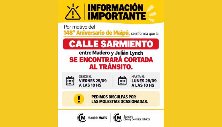 Corte de tránsito en calle Sarmiento por los festejos del aniversario de Maipú