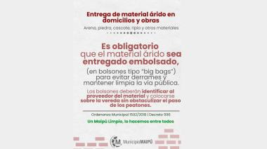 Recordatorio sobre la entrega y disposición de materiales áridos en la vía pública