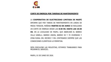 Anuncian un corte programado de energía eléctrica para este martes en distintos sectores de Maipú