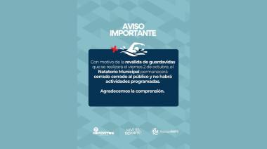 El Natatorio Municipal permanecerá cerrado este viernes por la reválida de guardavidas